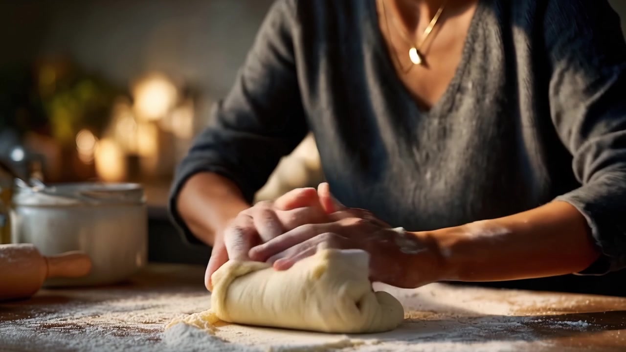 Mãos de Mulher Amassando Massa em uma Mesa de Cozinha Enfarinhada