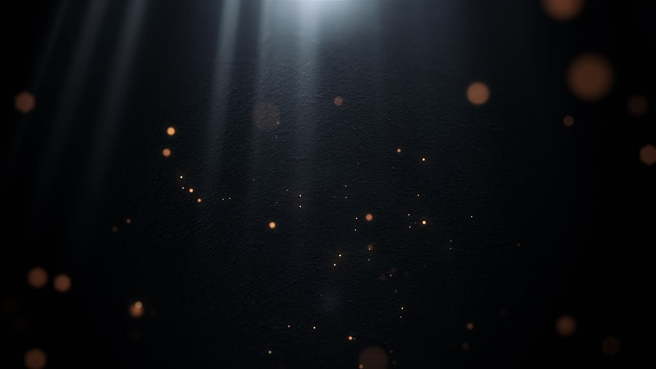 Light Rays and Floating Golden Particles on Dark Background