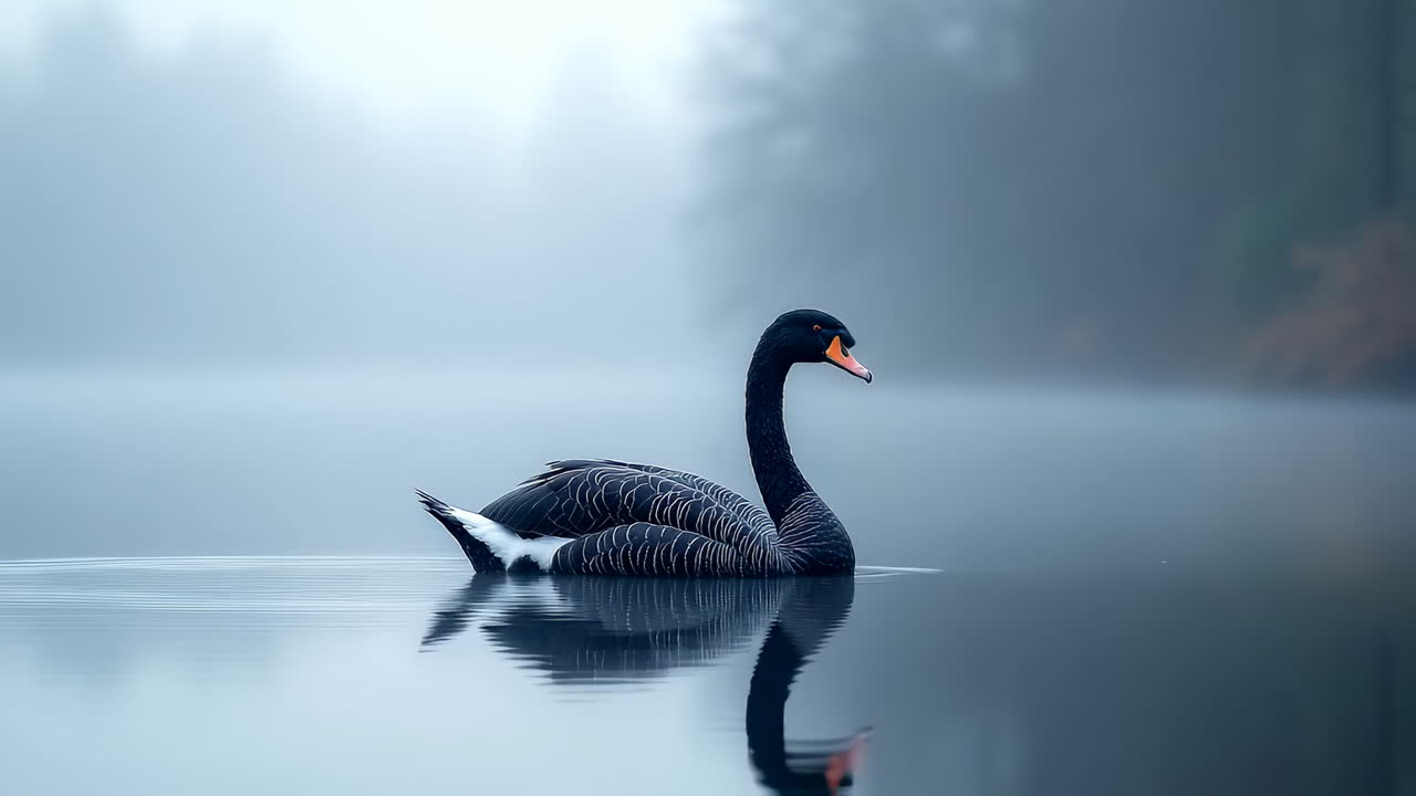 Black swan gliding on a misty lake. A solitary black swan moves gracefully across a calm lake surrounded by fog, creating a serene atmosphere