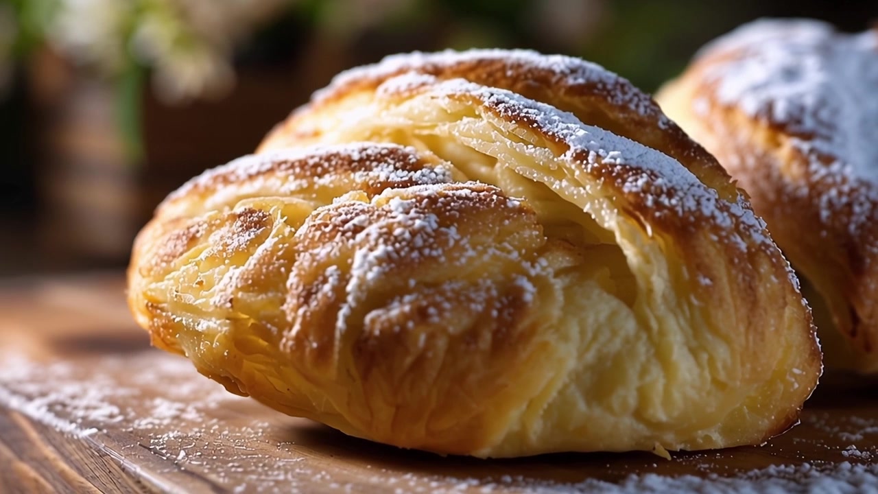 Croissant caldi cosparsi di zucchero a velo su un tagliere rustico