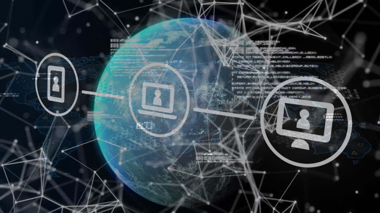 animación de iconos de redes sociales con procesamiento de datos y conexiones en todo el mundo en fondo negro