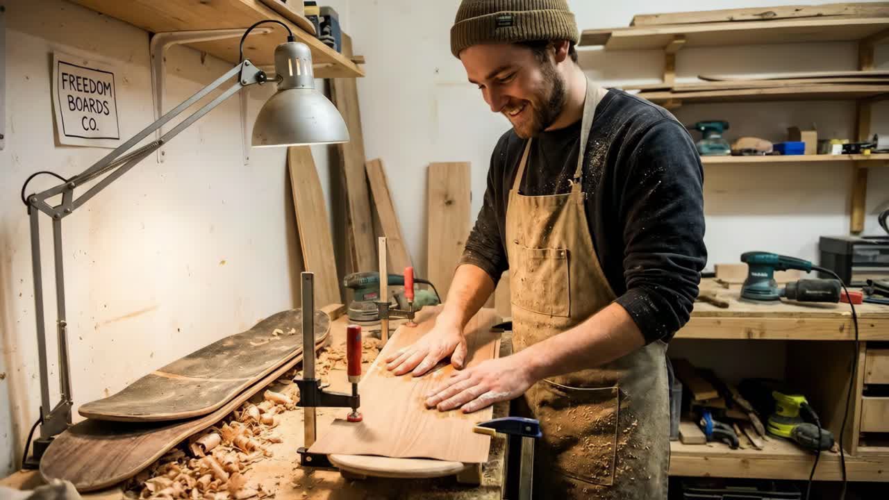 Craftsman shaping skateboard in workshop