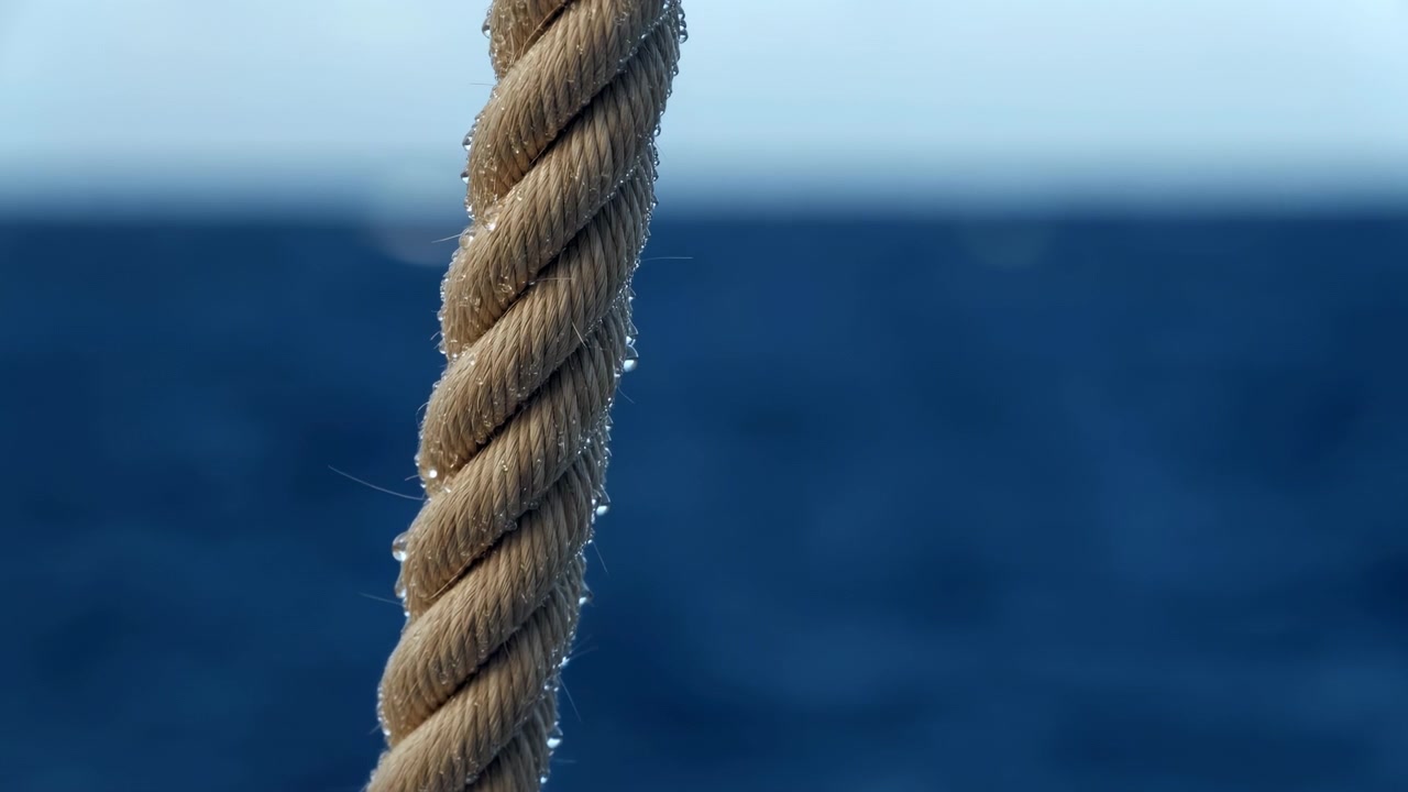 Una spessa corda attorcigliata pende in primo piano, leggermente a sinistra del centro, nitidamente a fuoco contro un orizzonte oceanico blu leggermente sfocato, con la luce brillante del giorno e il mare aperto.