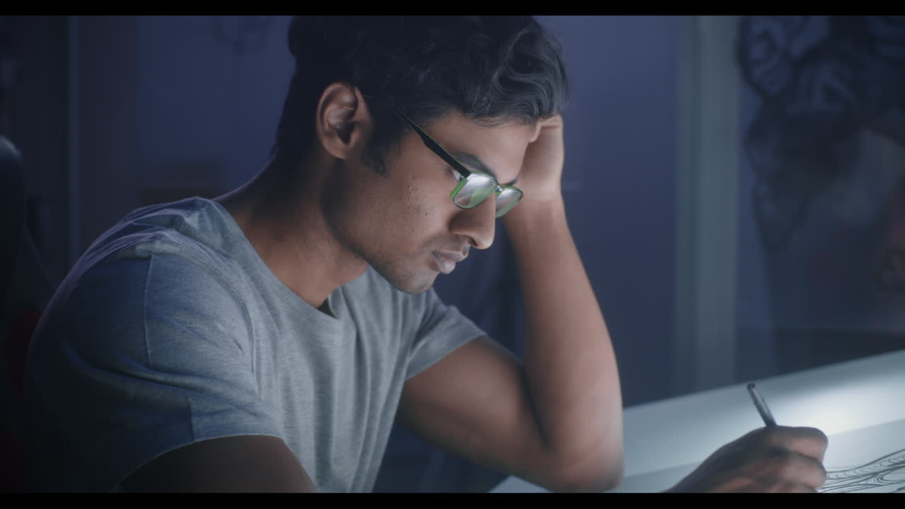 Man Concentrating on Drawing at Night