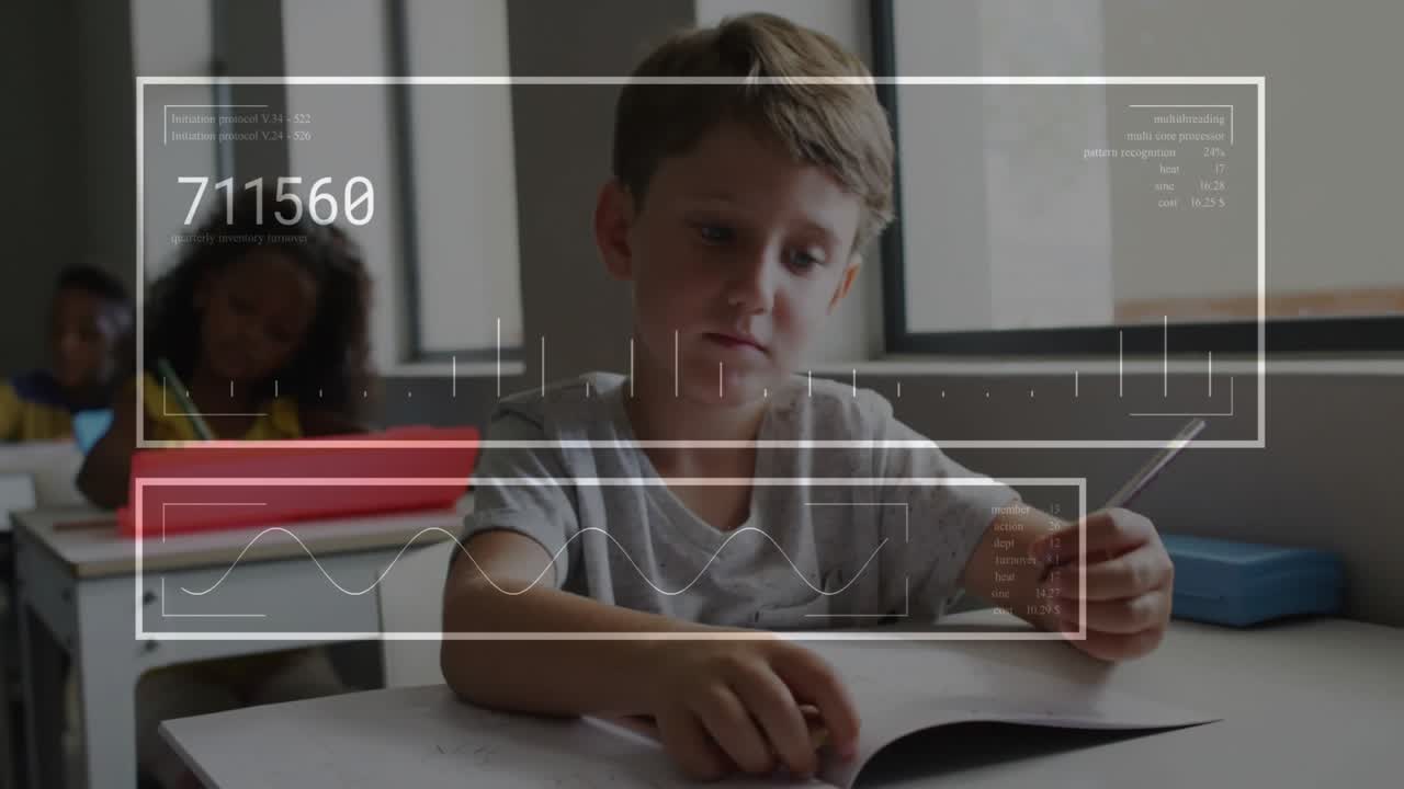 Boy studying in classroom with animated HUD appearing tracking numeric readouts while writing notes