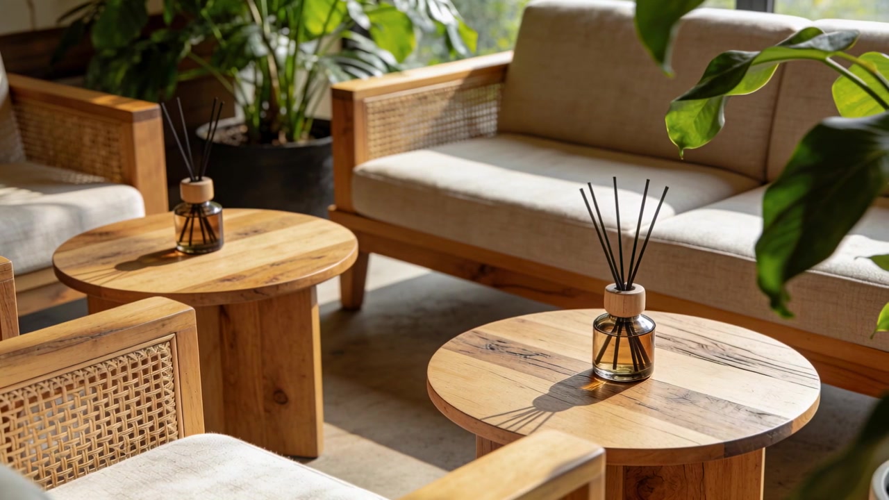 Round wood coffee table with reed diffuser catching moving sun in sunny lounge casting thin shadows