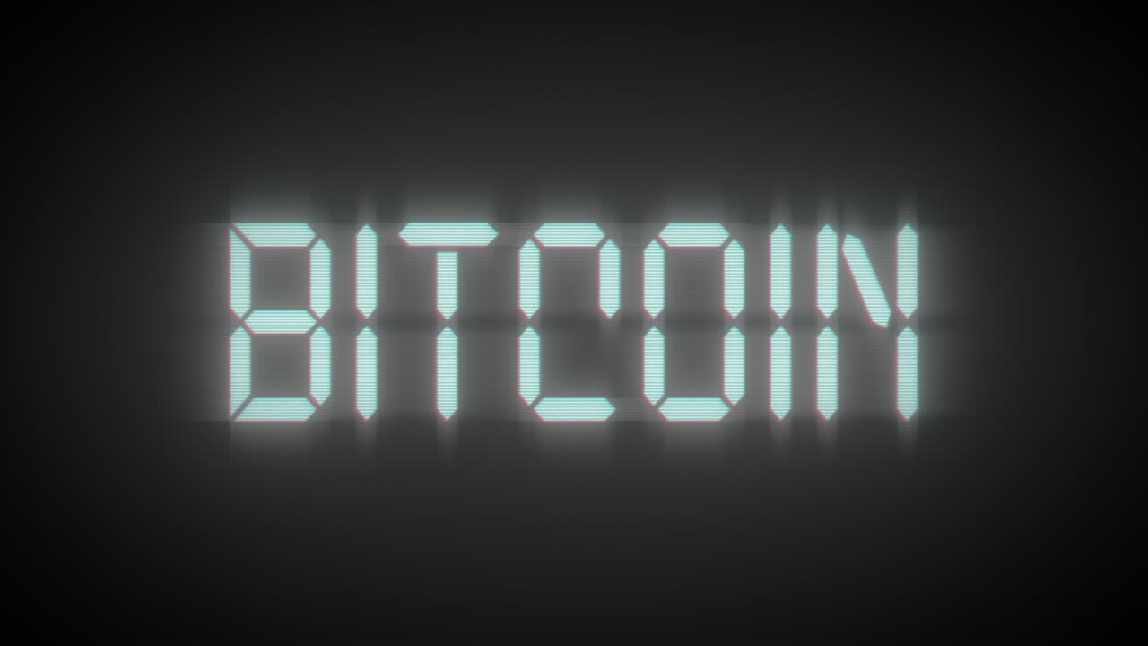 биткойн надпись на черном фоне. белый синий цвет. цифровой шрифт. 3d-анимация бесшовной петли