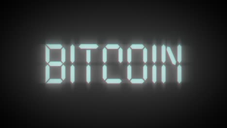 bitcoin inscription on a black background. white blue color. digital font. 3d animation of a seamless loop