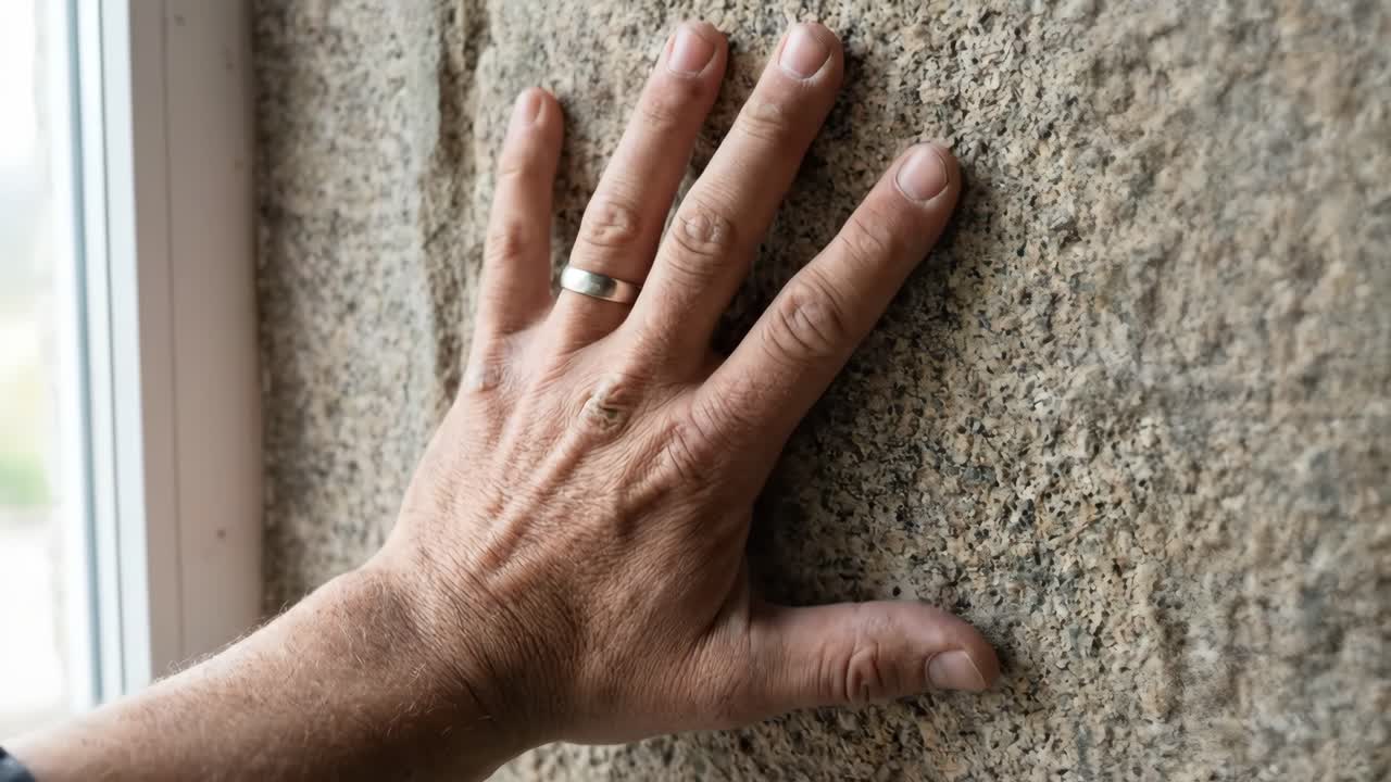 Close-up of Human Hand Touching and Feeling a Stone Wall