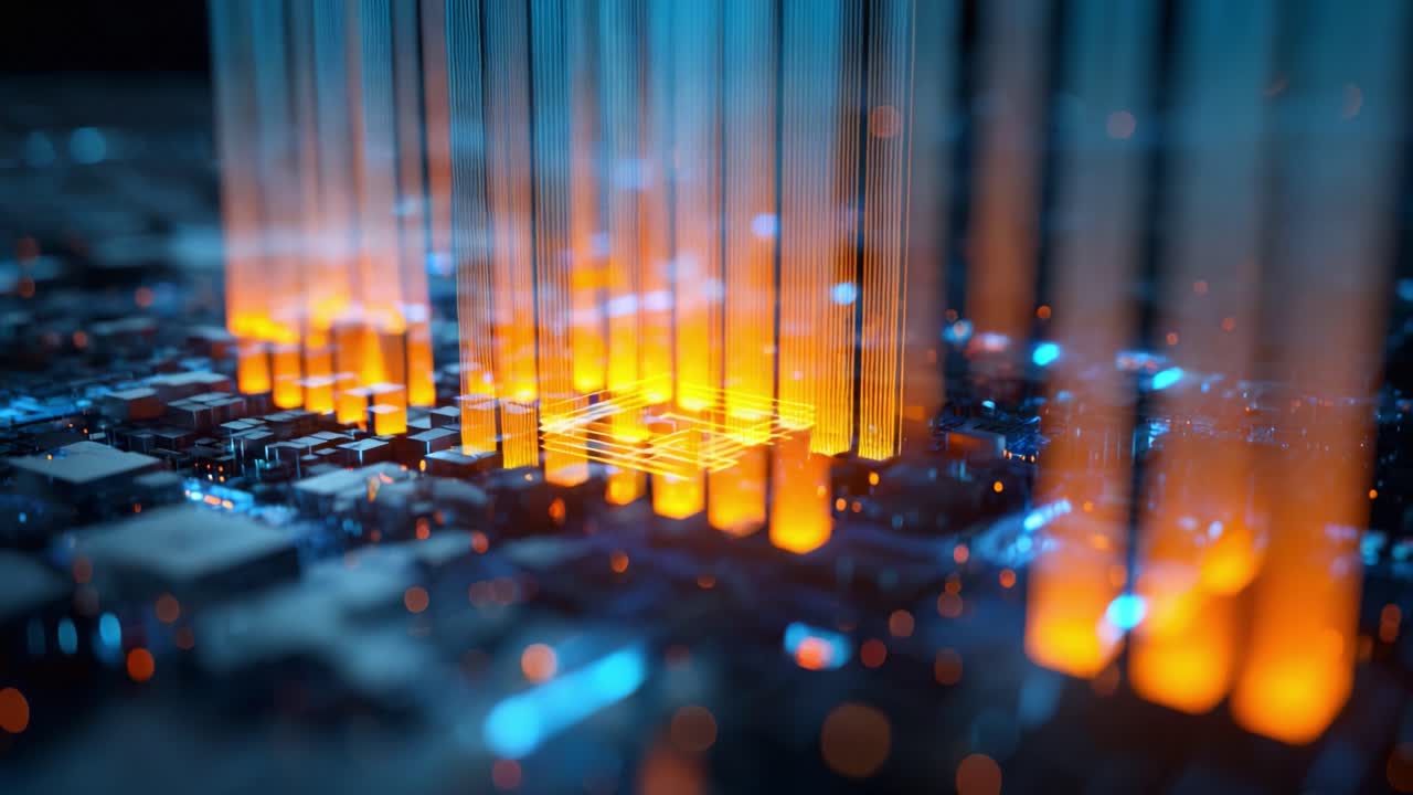 Dynamic Microchip Visualization Showing Pulsating Lights and Electronic Connections in a Futuristic Data Processing Environment with Vivid Colors and Depth Perception