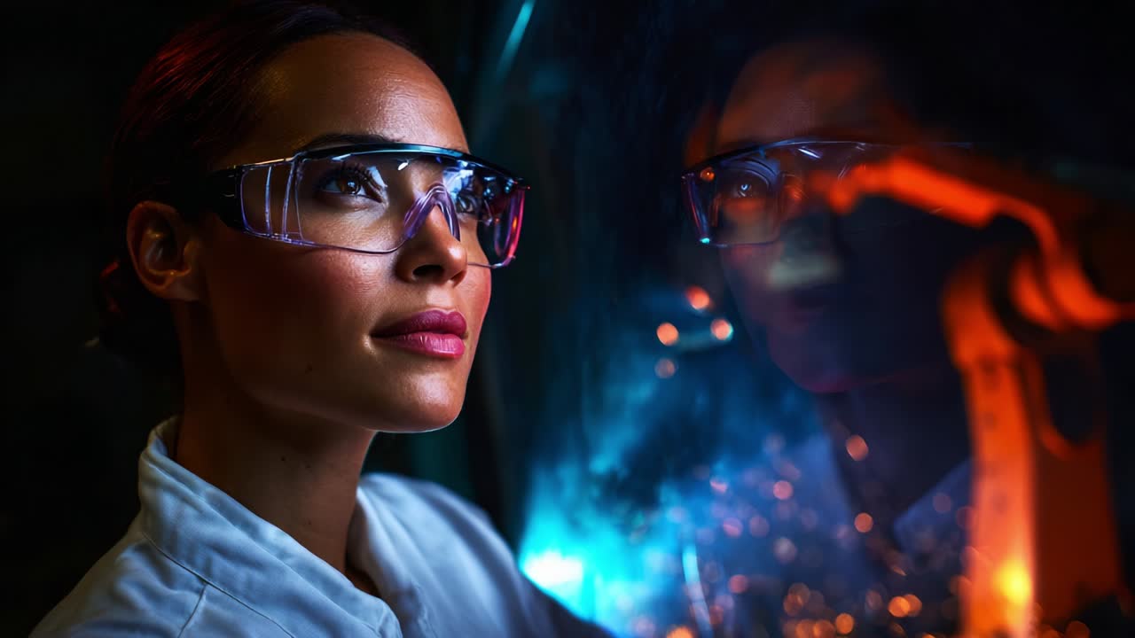 A thoughtful researcher wearing protective eyewear gazes intently at her experiment, illuminated by colorful lights reflecting off a glass container filled with glowing materials, showcasing the essence of scientific inquiry