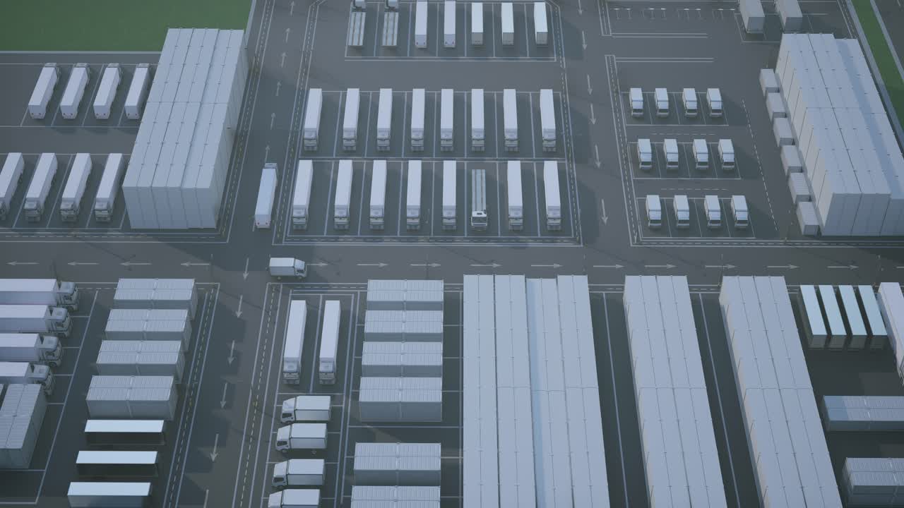 Luftfoto af et stort logistik- og distributionscenter med lastbiler