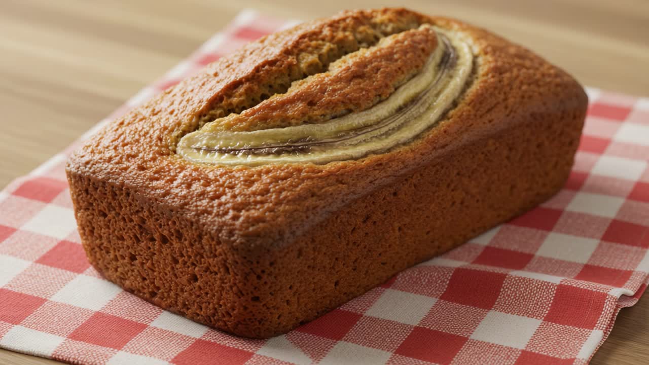 Deliciously Baked Banana Bread on a Checkered Cloth: A Mouthwatering Treat Perfect for Any Occasion, Showcasing the Golden Brown Crust and Moist Interior