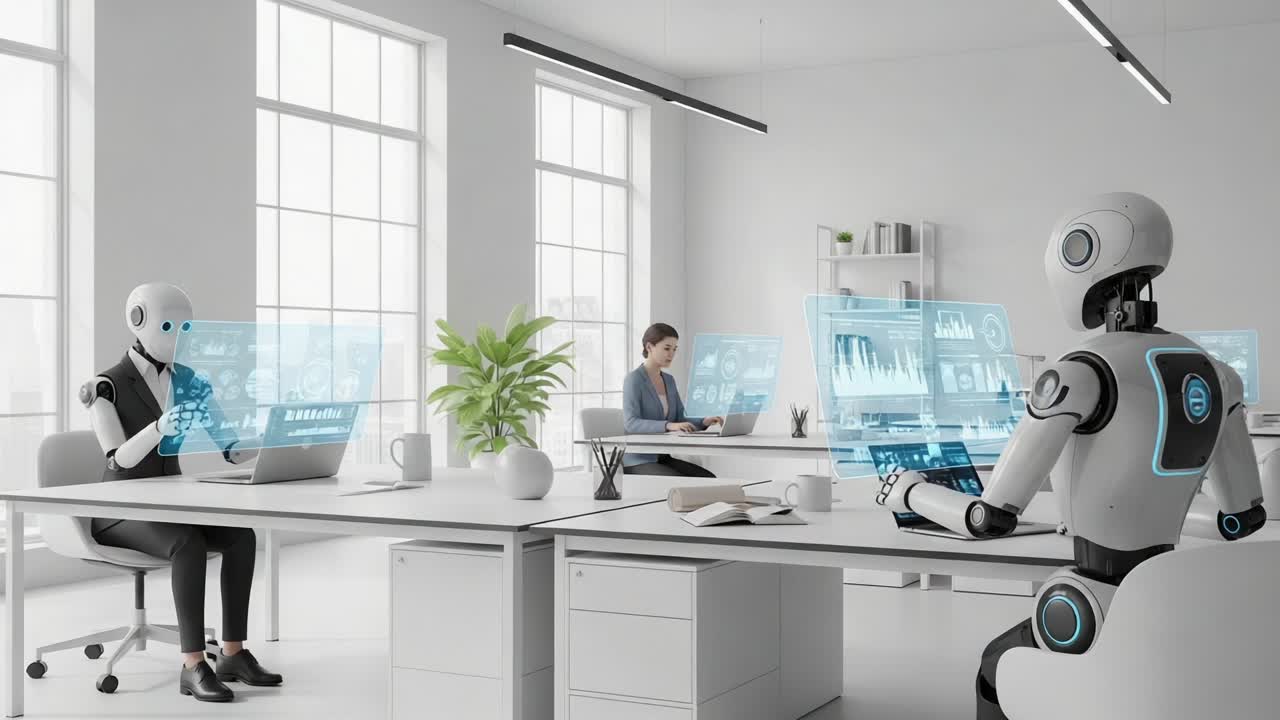 Innovative Office Space Featuring Humanoid Robots Collaborating with a Human in a Modern Workspace with Futuristic Technology and Transparent Displays