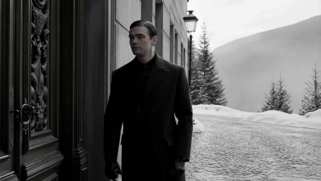 A man in a classic coat by an ornate door in a snowy, mysterious setting