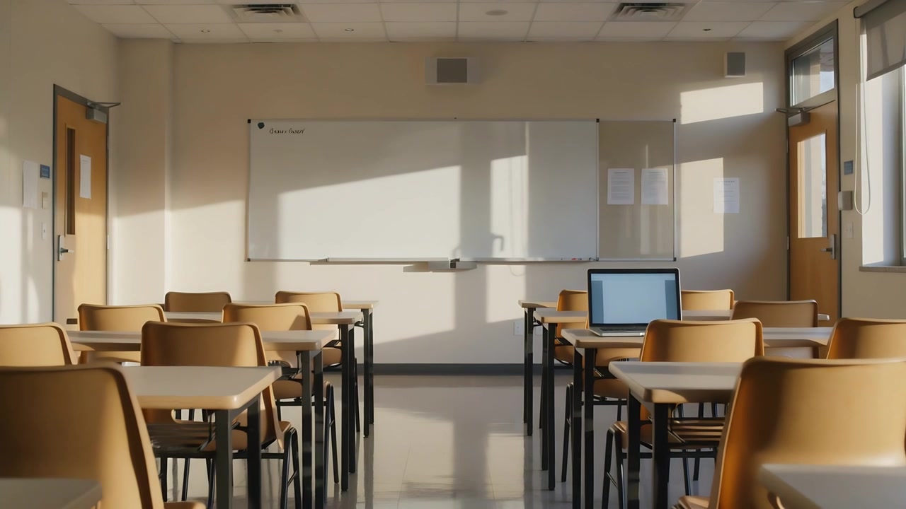 Moving camera revealing front classroom, sunlight shifting across whiteboard and open laptop