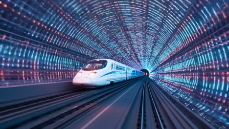 futuristic train traveling through a vibrantly illuminated tunnel with a stunning display of neon lights and dynamic patterns enhancing the high-speed journey experience