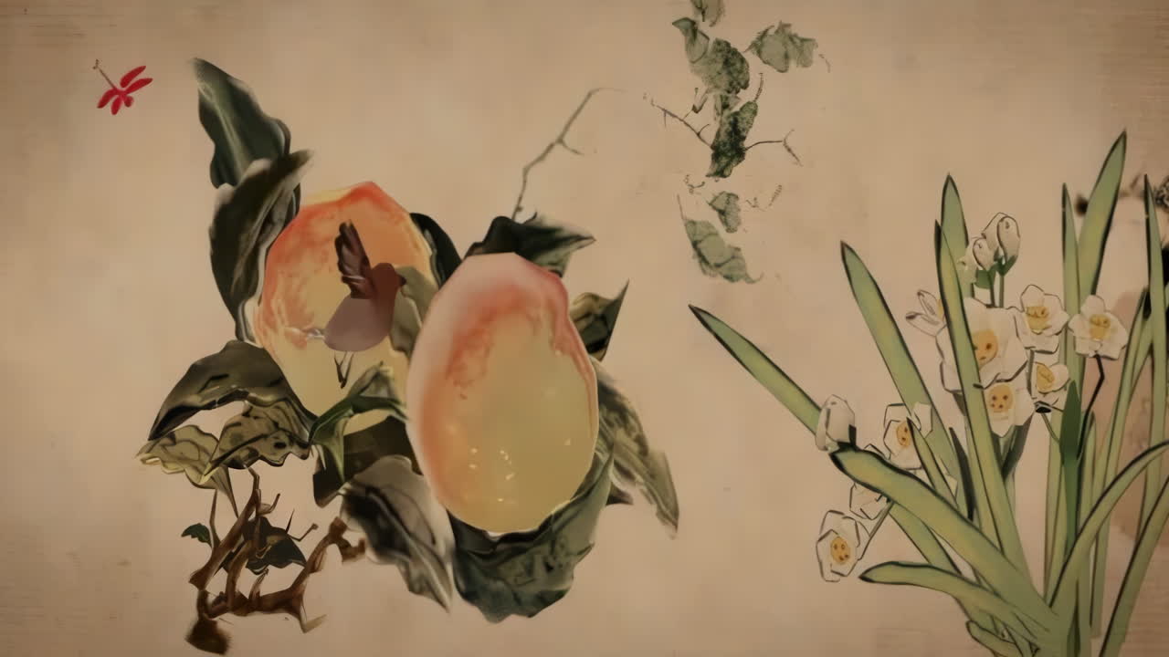 낮에는 고대 중국 전통 일본 식물 풍경, 아름다운 평온한 나무, 산, 꽃, 호수, 물, 새, 파란 하늘, 배, 체리 꽃의 계절.