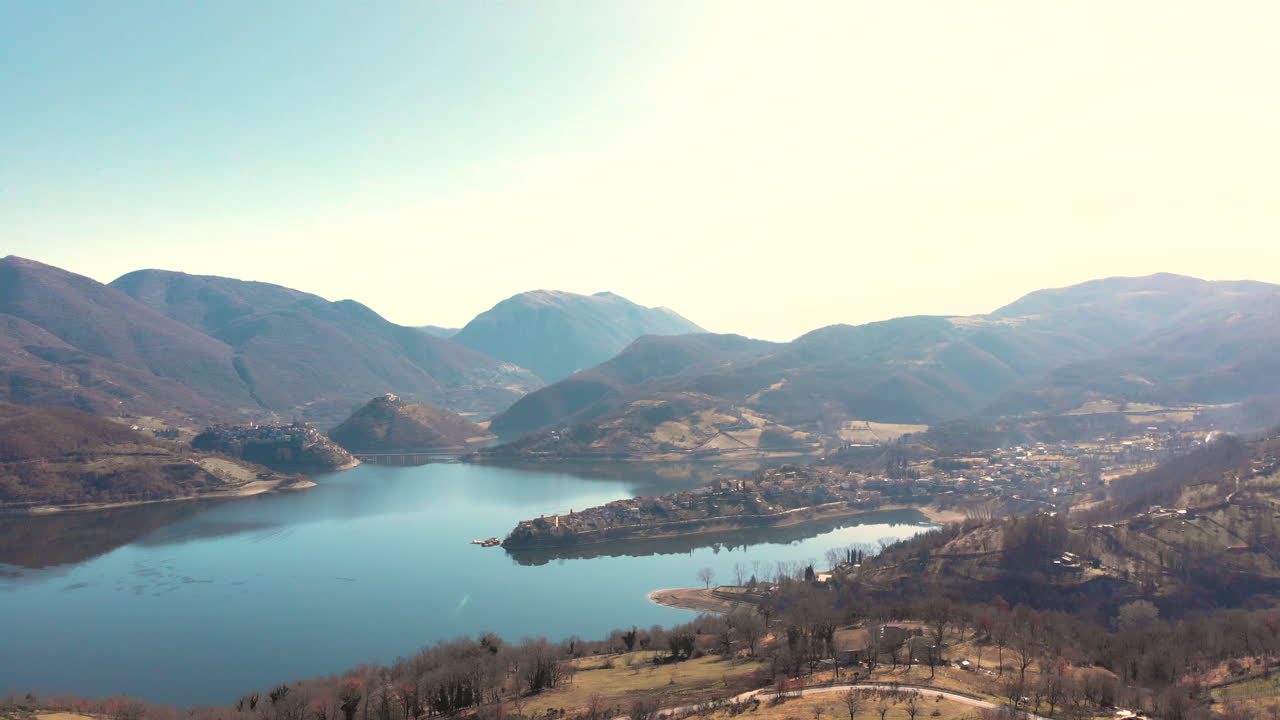 The beautiful mountain landscape of Italy on a bright misty morning - aerial