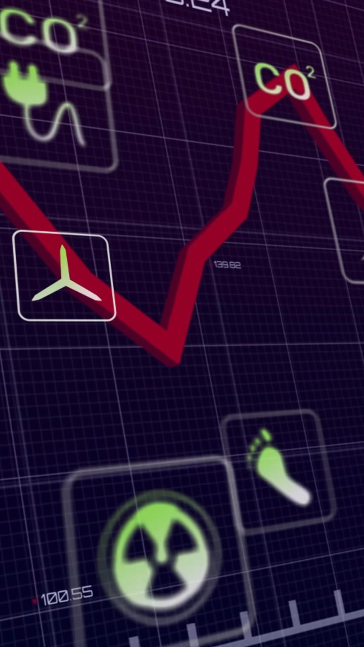 Camera panning, revealing red trend moving across energy dashboard, tracking CO2 emissions