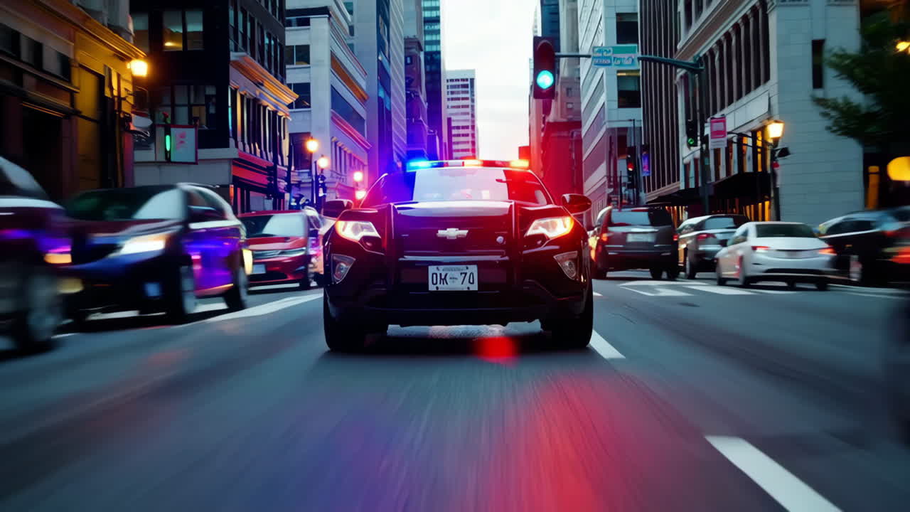Police Car in City Traffic at Night