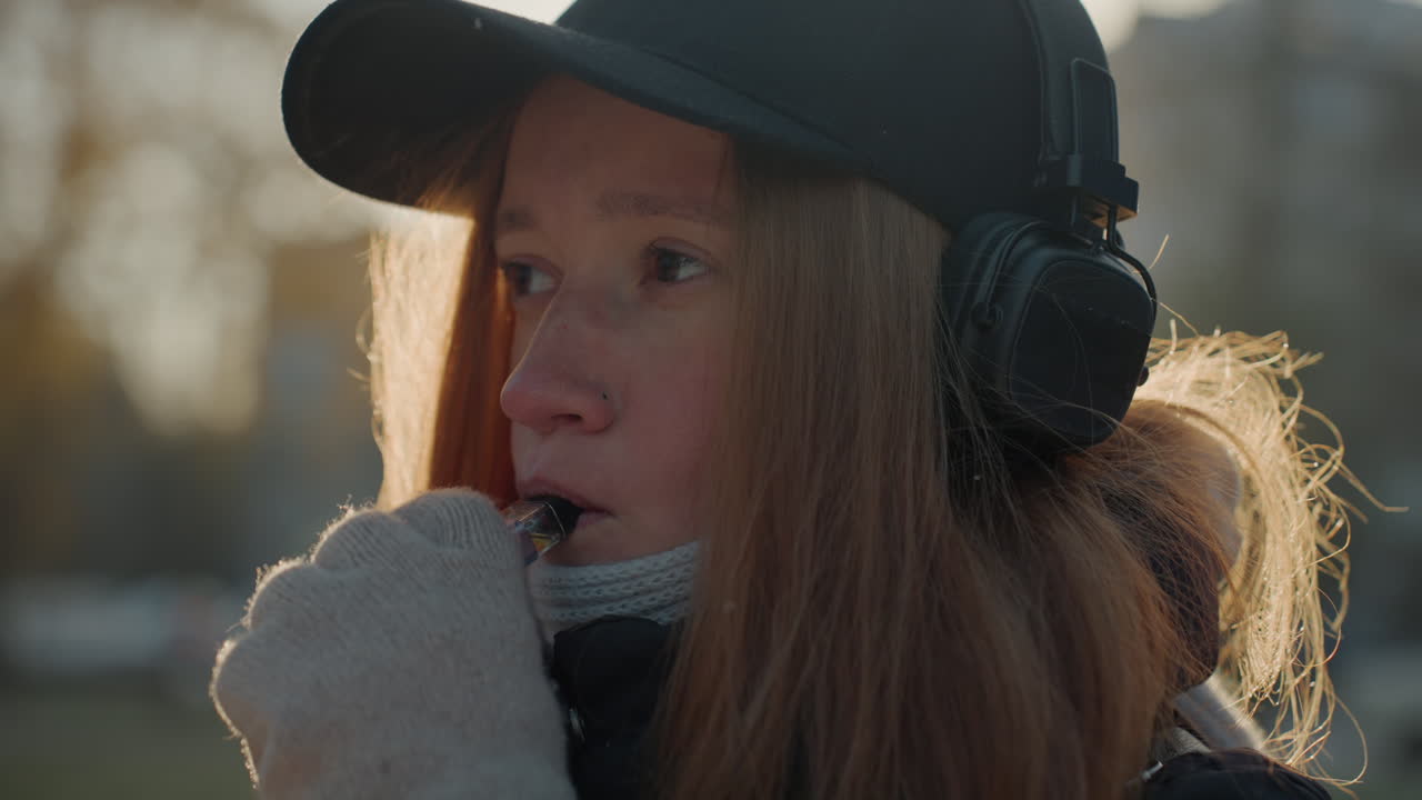 Primo piano di donna bianca che ascolta con cautela, mano guantata vicino alla bocca, cuffie indossate, cappello che ombreggia il viso, luce solare di contorno sui capelli, sfondo di parco autunnale, respiro e guance arrossate, espressione tesa e cauta.