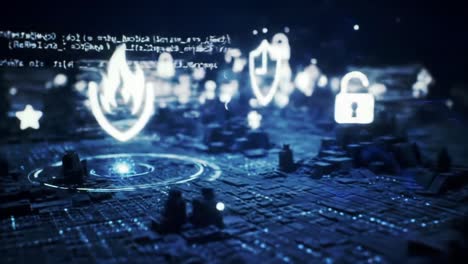 futuristic cybersecurity landscape illustrating digital data protection with icons representing firewalls, encryption, and secure connections over a technological city grid