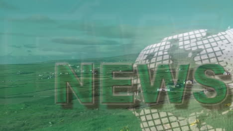 metal mesh microphone head floating above green fields with houses and news title sliding