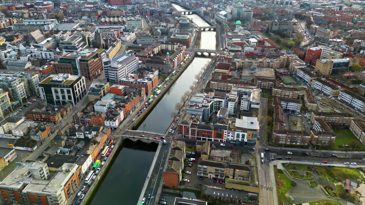 Aerial drone view of bridges over the River Liffey in Dublin, Ireland in daylight