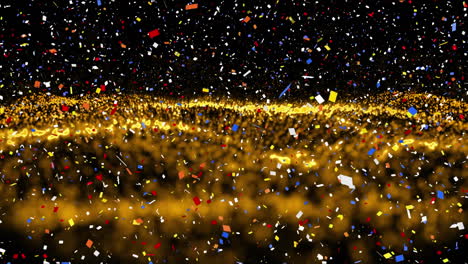 digital animation of confetti falling over golden digital waves on black background