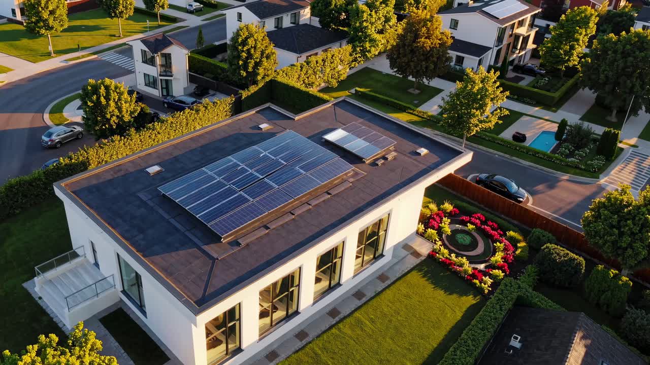 Aerial video shot of a modern house with solar panels, showcasing eco-friendly design and lush