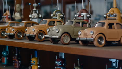 a collection of vintage miniature cars and robots on display