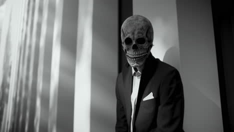 man in skull mask business suit