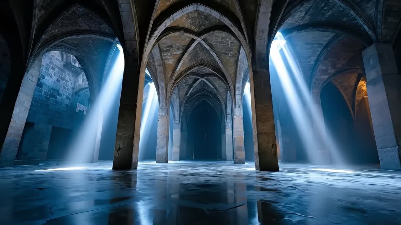 A dark room with arches and light coming through the arches
