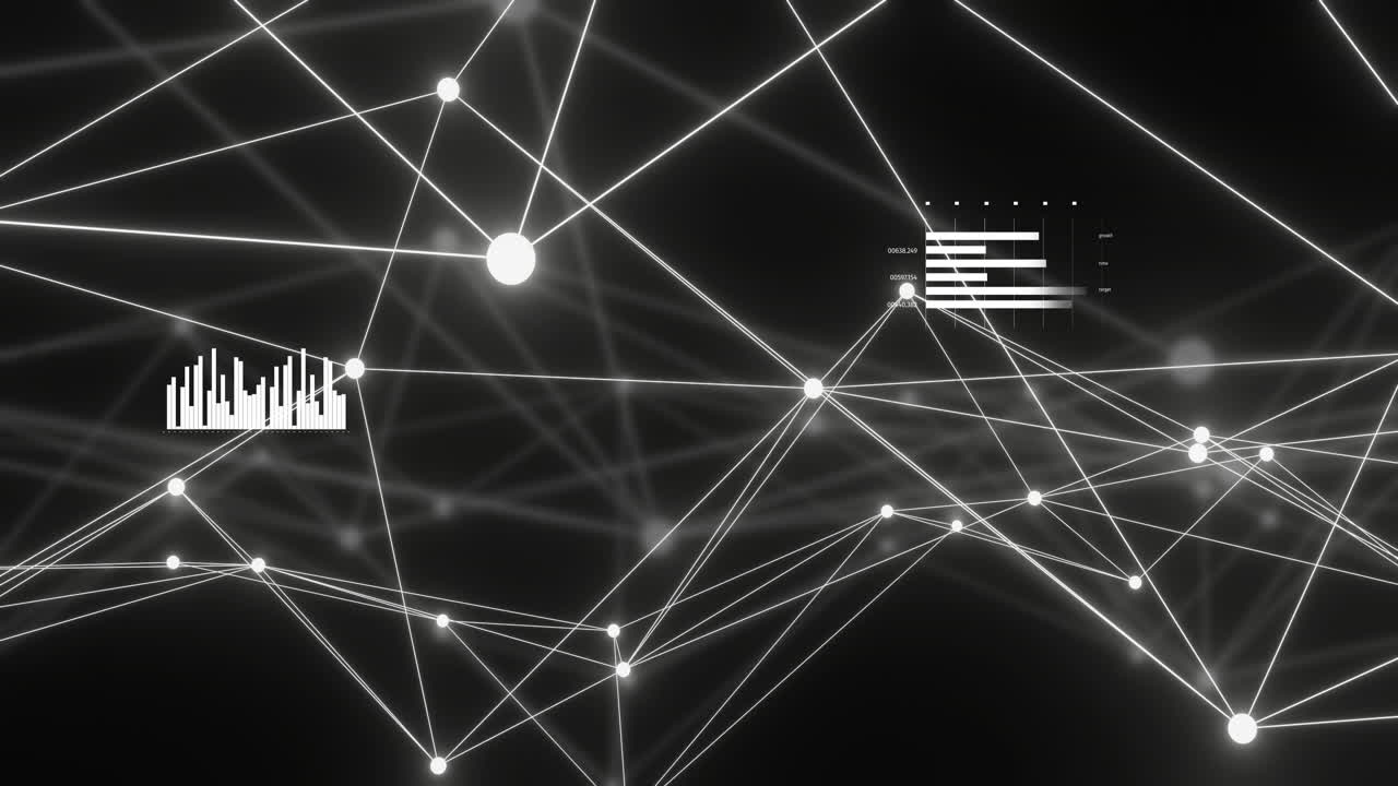 Animation of bright white network and data processing over distant network on black background