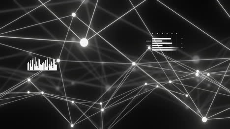 animación de una red blanca brillante y procesamiento de datos en una red distante sobre un fondo negro