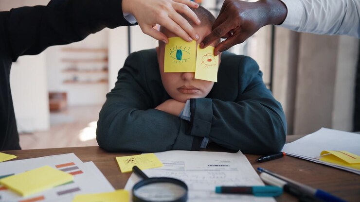 Colleghi che attaccano post-it su un collega che dorme in ufficio
