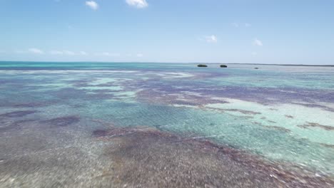 Lebendige-Seichte-Gewässer-Mit-Farbenfrohem-Meeresboden,-Boote-Am-Horizont,-Sonniger-Tag,-Vorwärtsbewegung-Aus-Der-Luft