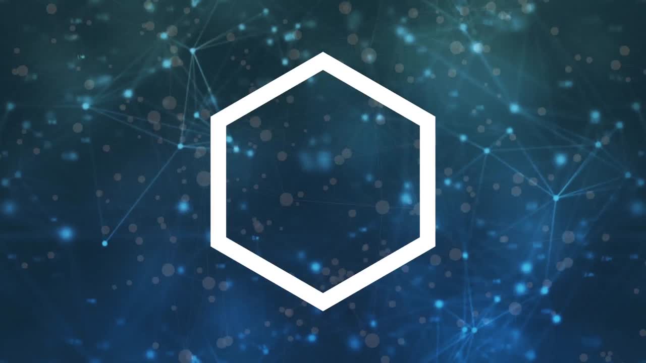 연결 네트워크를 통해 이동하는 육각형과 파란색 배경에 빛나는 반점의 애니메이션