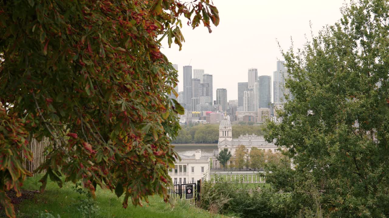 Autumn in Greenwich Park with Canary Wharf in background