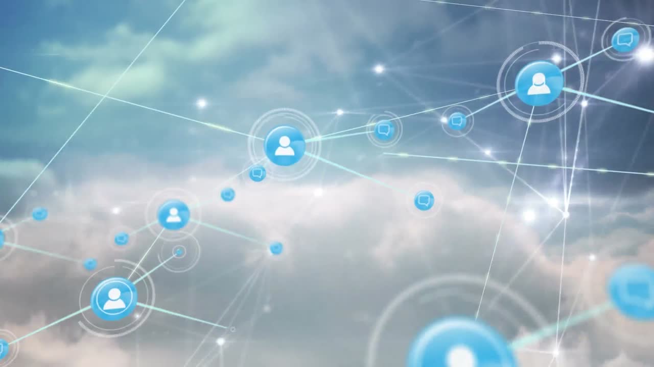 하늘 위의 아이콘으로 연결 네트워크의 애니메이션