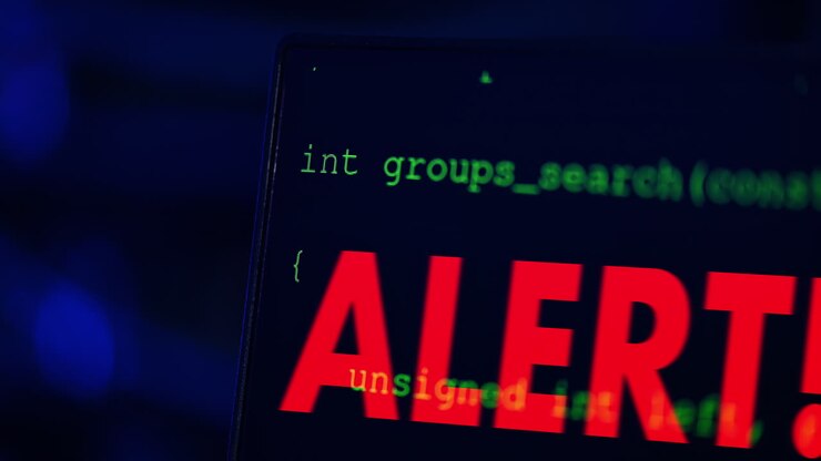 Alert signal on a computer in a server room with flashing red lights