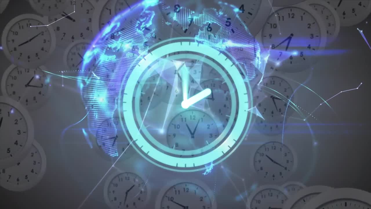 Animation of moving clocks over globe and networks of connections