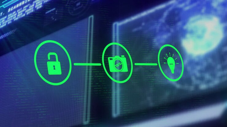 Digital animation of green lock, camera, and light bulb icons connected