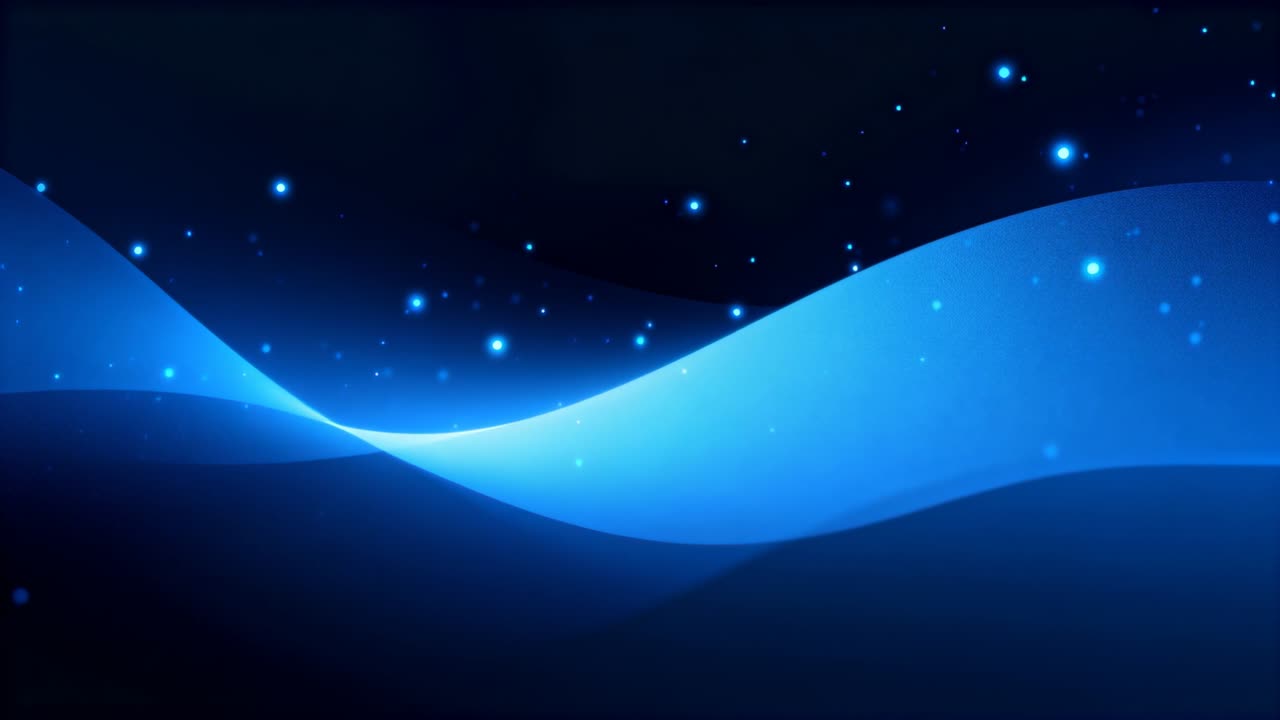 Playback starting, translucent blue ribbon undulating in deep starfield, forming loop with specks