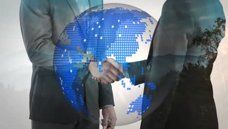 animation of globe over businessman handshake