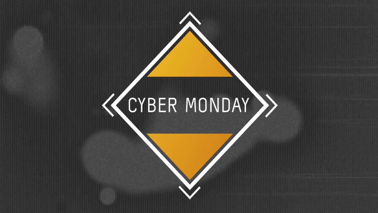 Animazione di testo 'Cyber Monday' in cornice bianca su punti luminosi intermittenti, su sfondo effetto usurato.