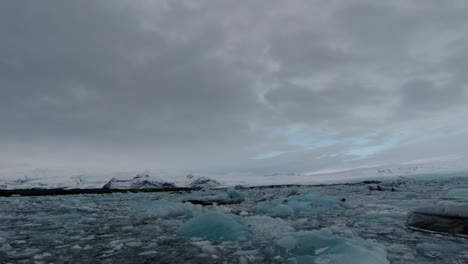 aerial fpv shot of frozen glacial lake in iceland