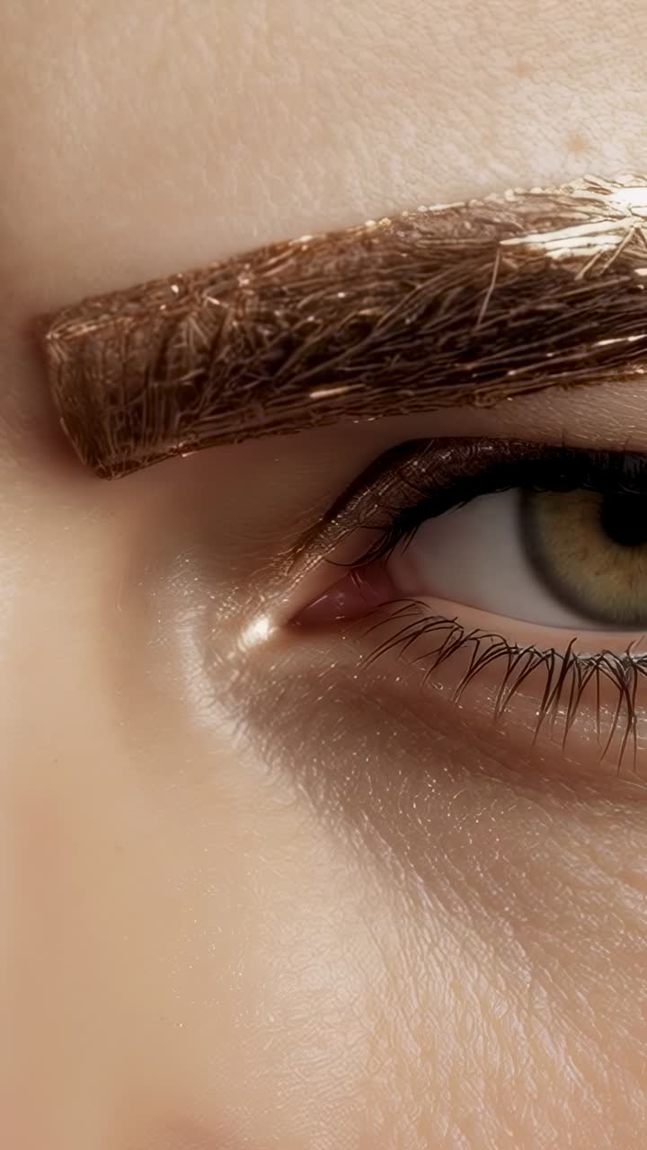 Vertical video: Shifting camera revealing subject opening right eye in studio showing gold eyebrow
