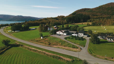 Small-farming-community-of-Skjerstad-in-Northern-Norway,-aerial